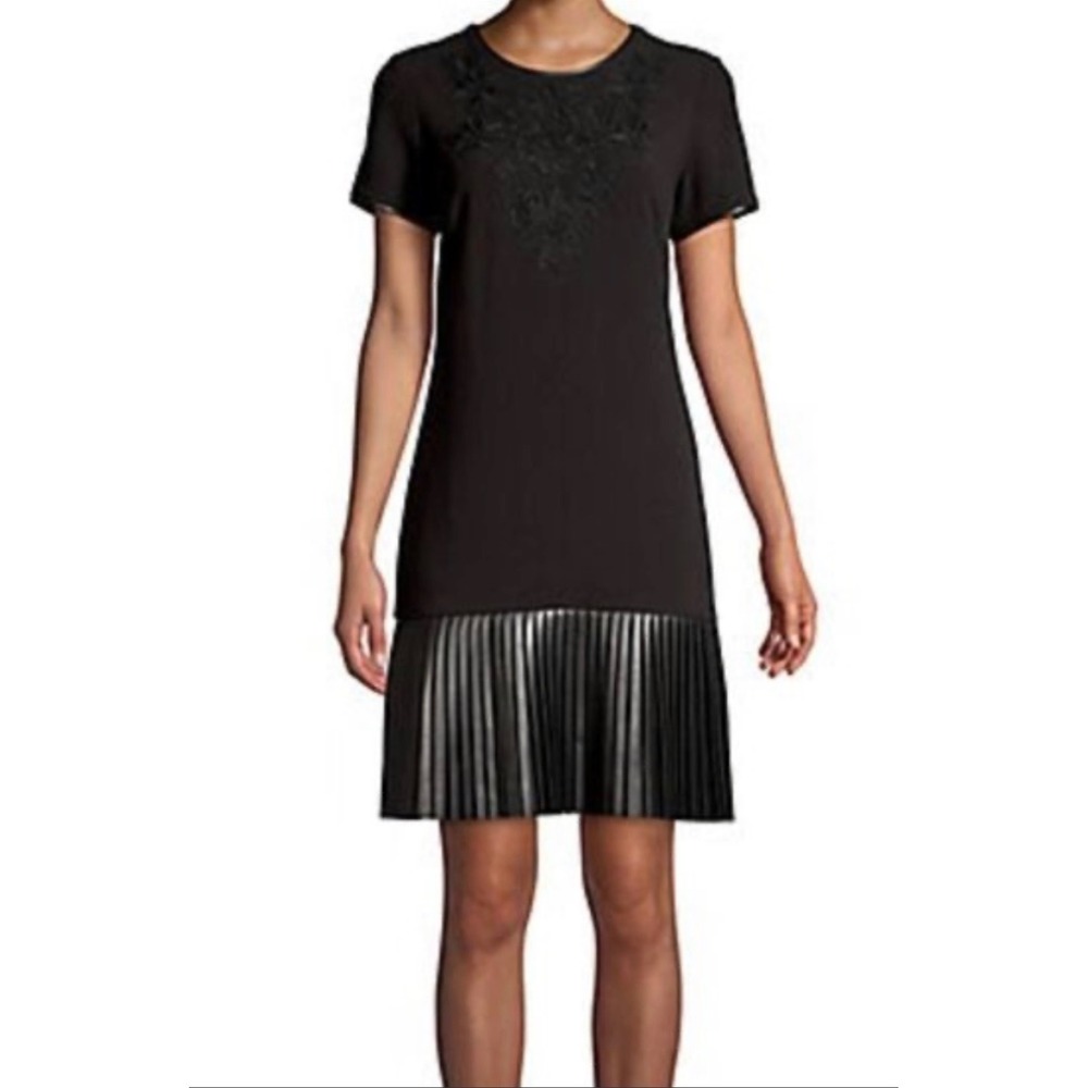 New Karl Lagerfeld Dress Mini Faux Leather Pleats Lace Whimsygoth Black Women 12